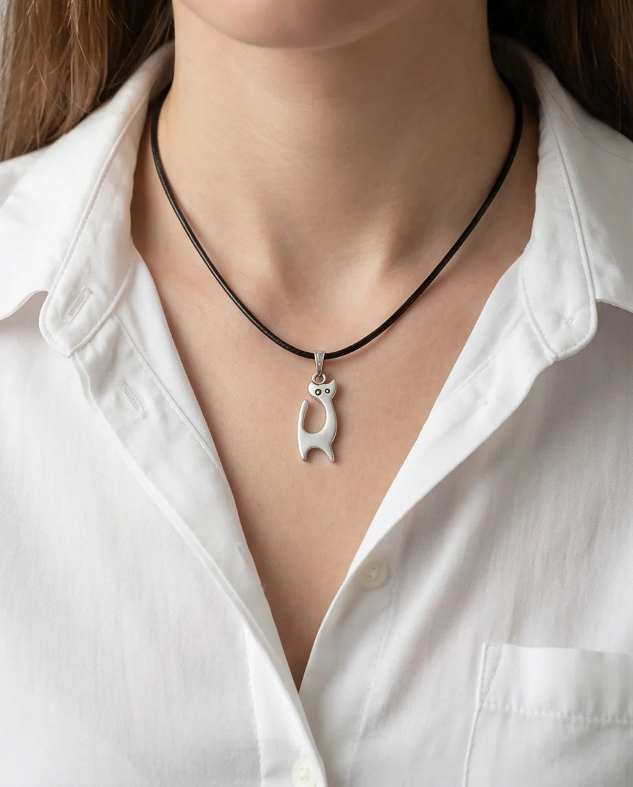The Mystic Silhouette: Minimalist Matte Silver Cat Pendant Necklace
