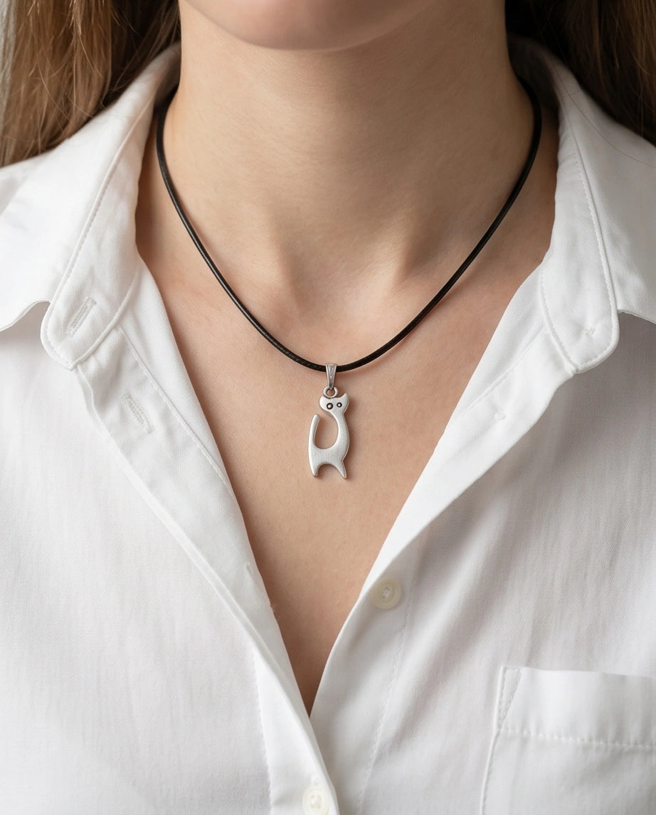 The Mystic Silhouette: Minimalist Matte Silver Cat Pendant Necklace
