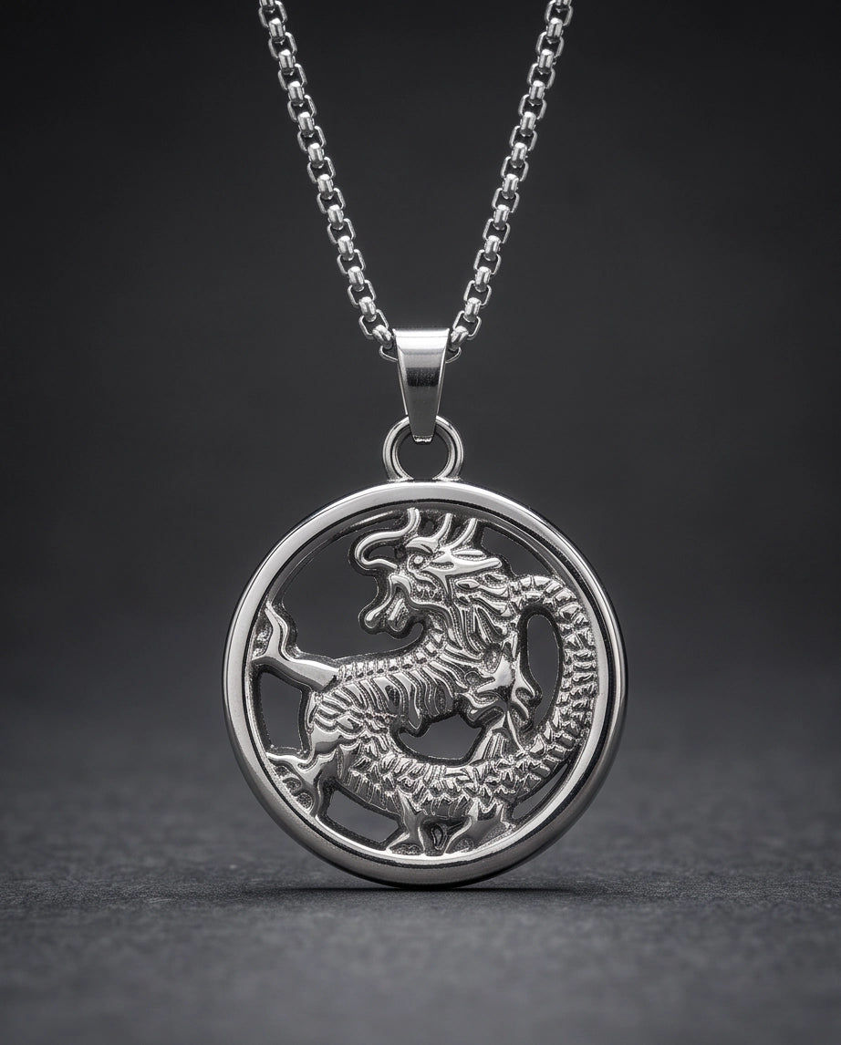 Silver Circular Dragon Medallion Pendant Necklace