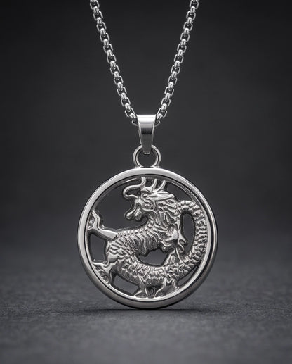 Silver Circular Dragon Medallion Pendant Necklace