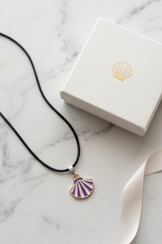 Striped Purple and White Seashell Enamel Pendant Necklace