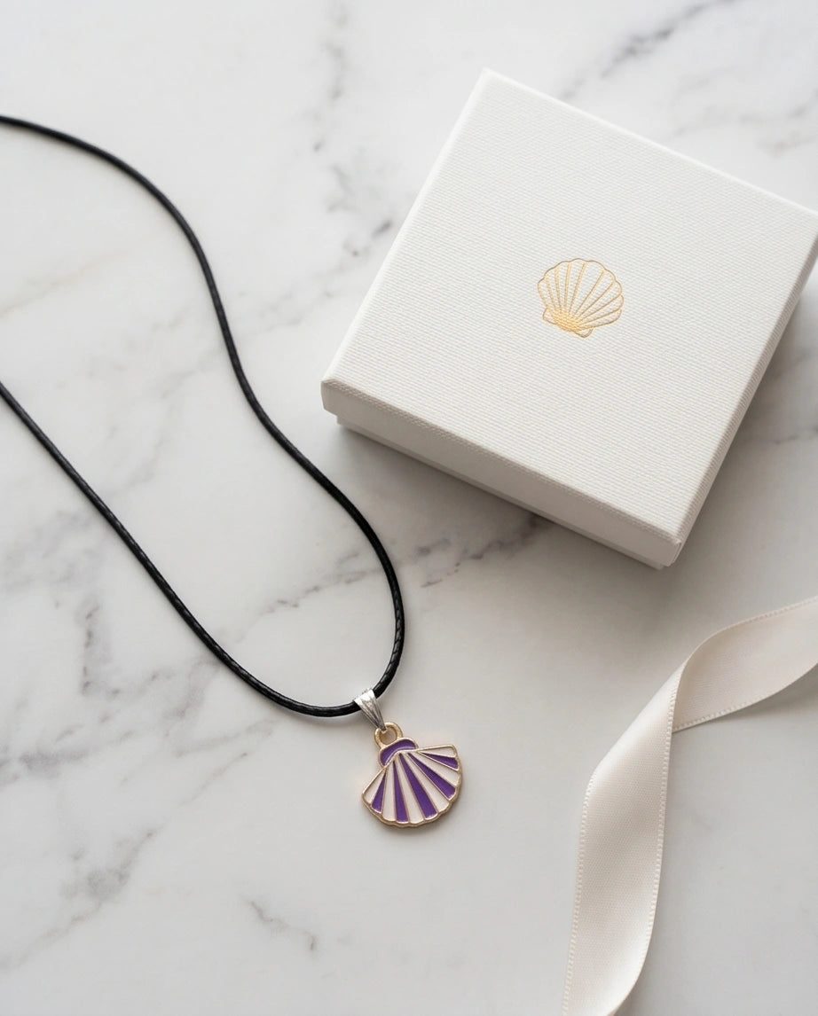 Striped Purple and White Seashell Enamel Pendant Necklace