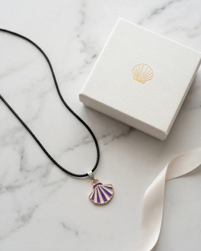 Striped Purple and White Seashell Enamel Pendant Necklace