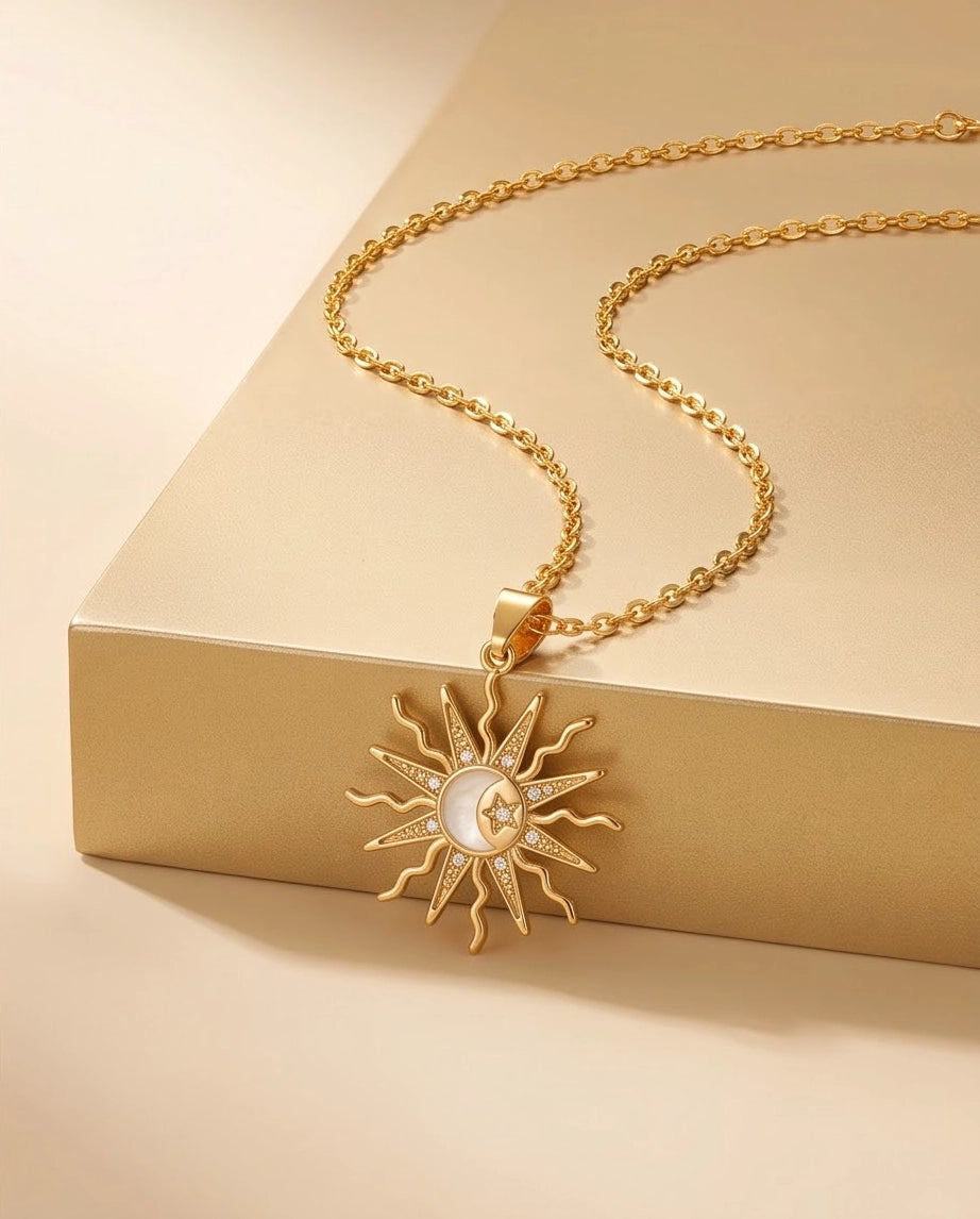 Gold Celestial Sun Moon Star Pendant Necklace