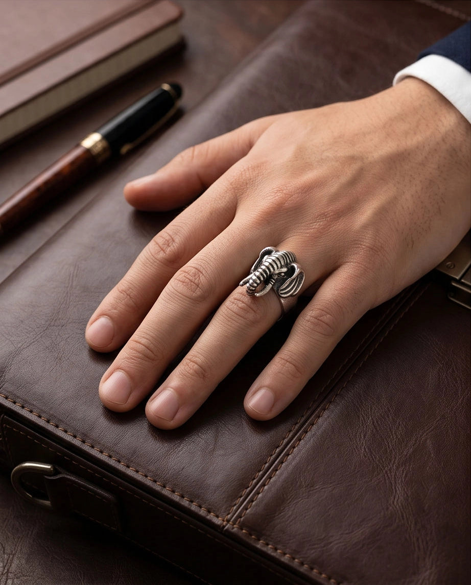 Oxidized Silver Sculpted Elephant Signet Ring