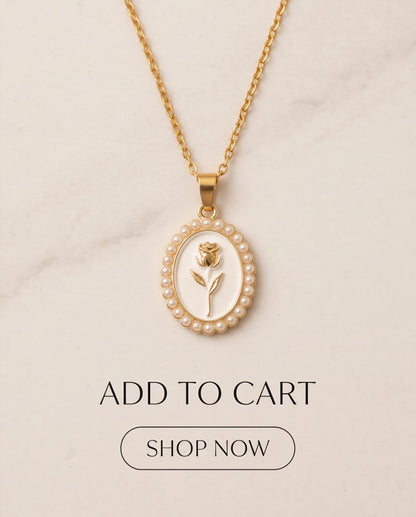 Gold Pearl Frame White Enamel Rose Oval Pendant Necklace
