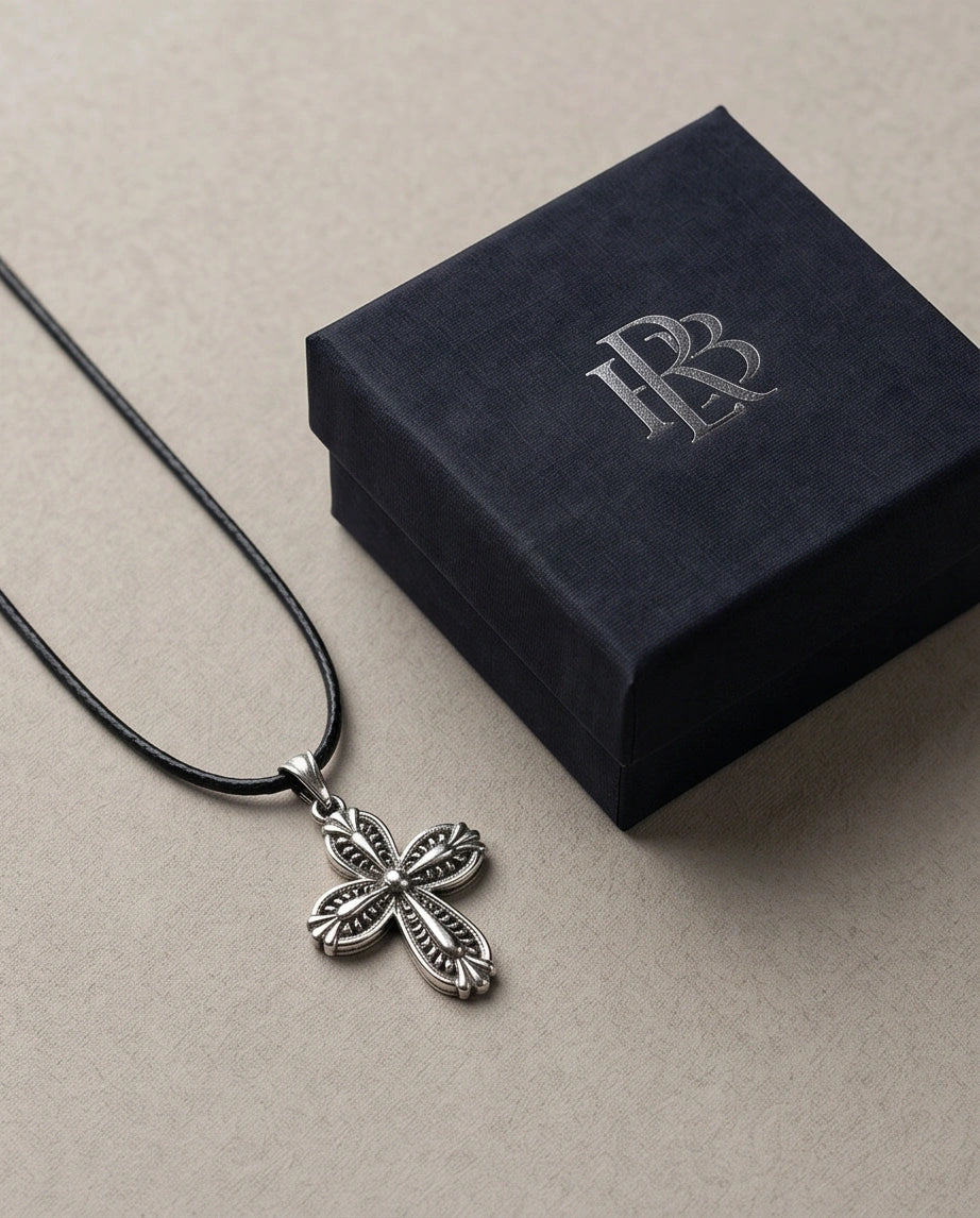 Silver Textured Petal Cross Necklace