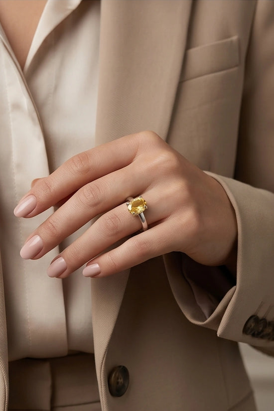 Sterling Silver Oval Yellow Citrine Solitaire Ring