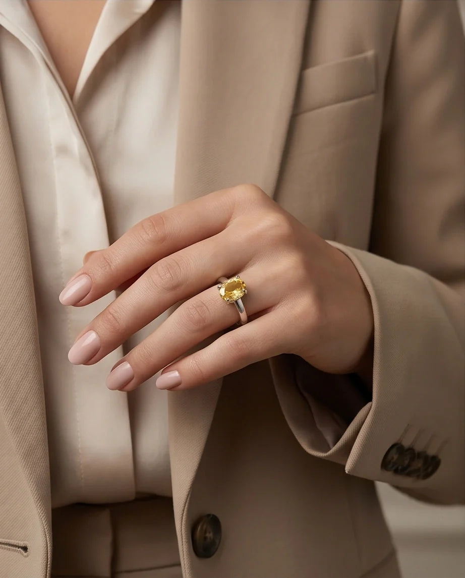 Sterling Silver Oval Yellow Citrine Solitaire Ring