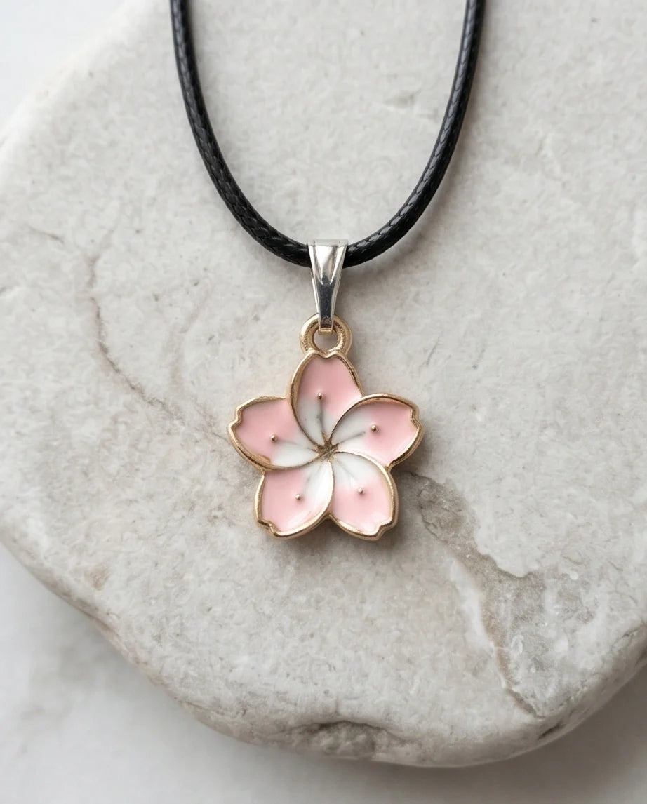 Blushing Cherry Blossom Enamel Pendant Necklace