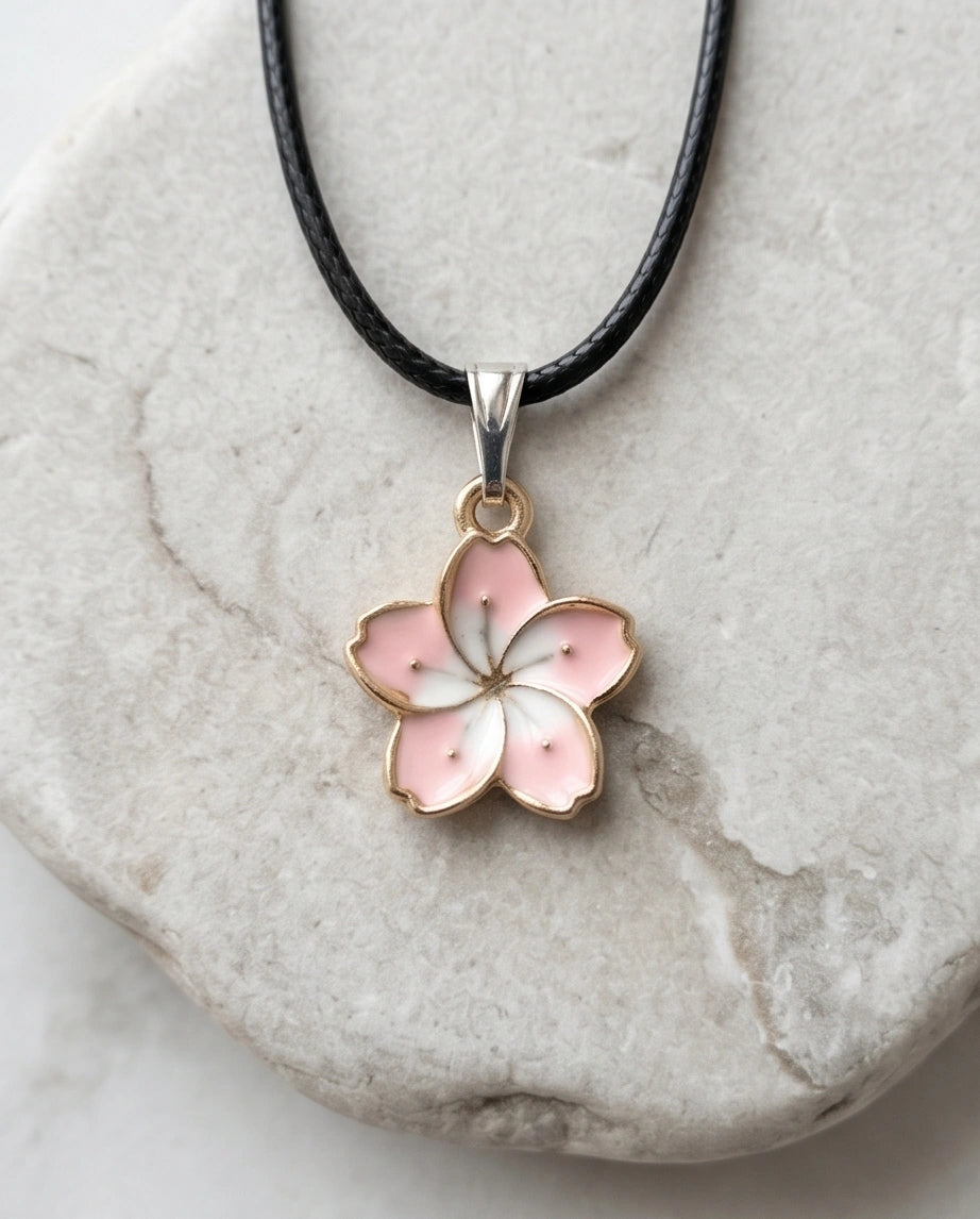 Blushing Cherry Blossom Enamel Pendant Necklace