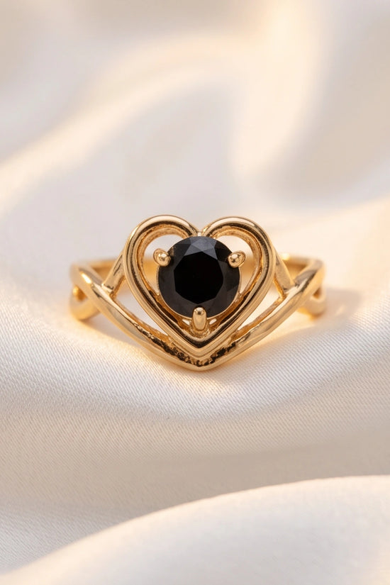Gold Black Diamond Heart Openwork Ring