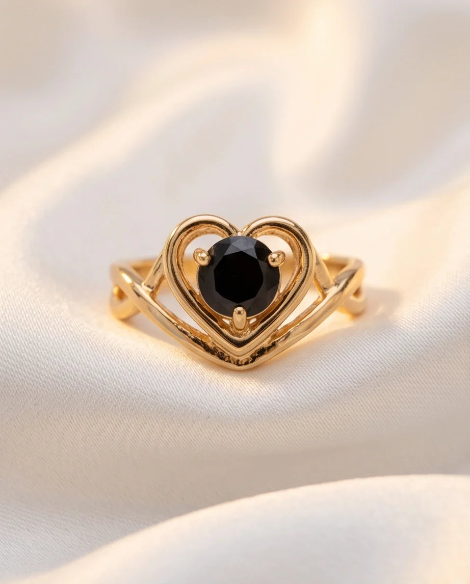 Gold Black Diamond Heart Openwork Ring