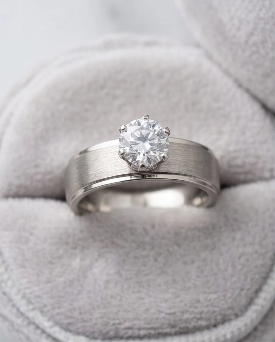 Silver Round Gemstone Brushed Solitaire Ring