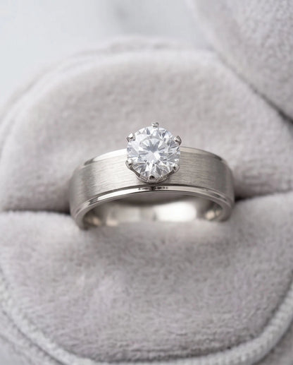 Silver Round Gemstone Brushed Solitaire Ring