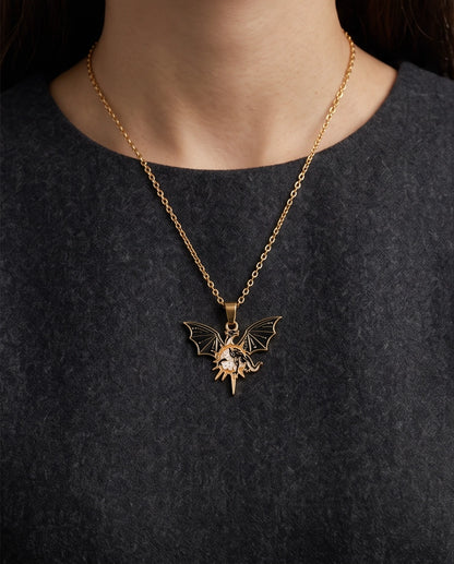 Gold Celestial Winged Dragon Enamel Pendant Necklace