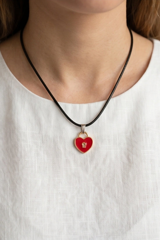 Gold and Red Heart Padlock Necklace