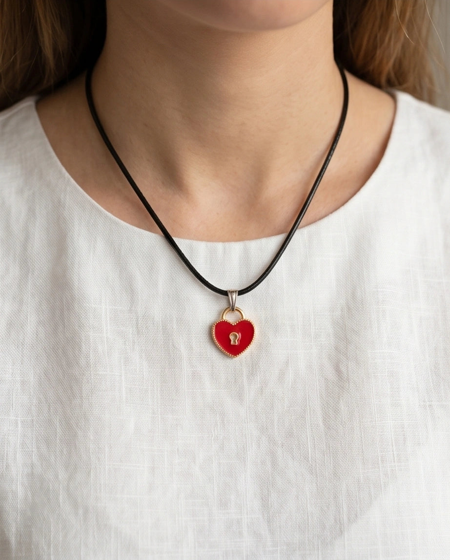 Gold and Red Heart Padlock Necklace