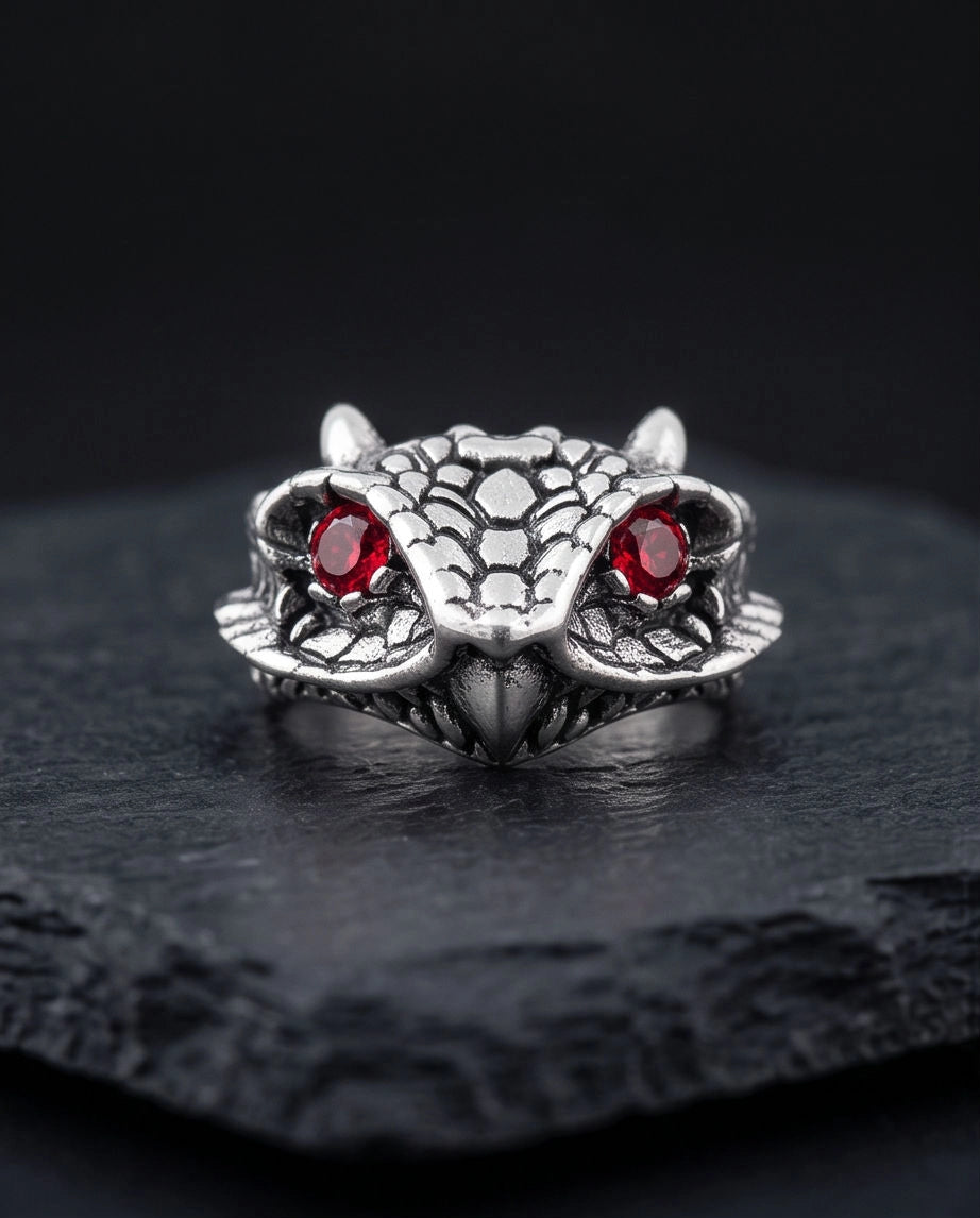 Crimson-Eyed Sculpted Serpent Head Ring