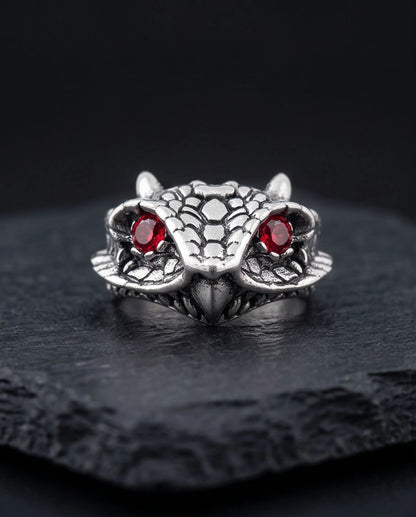 Crimson-Eyed Sculpted Serpent Head Ring