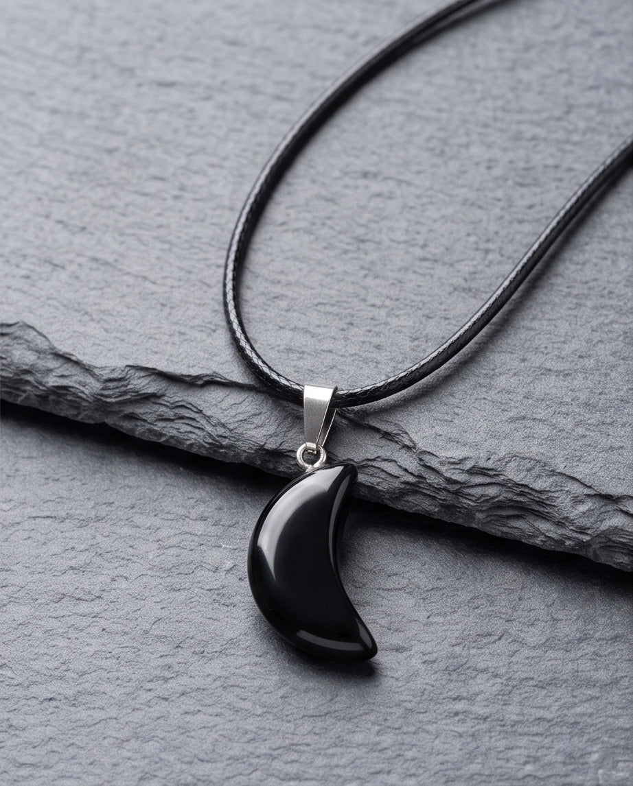 Silver Black Obsidian Crescent Moon Pendant Necklace