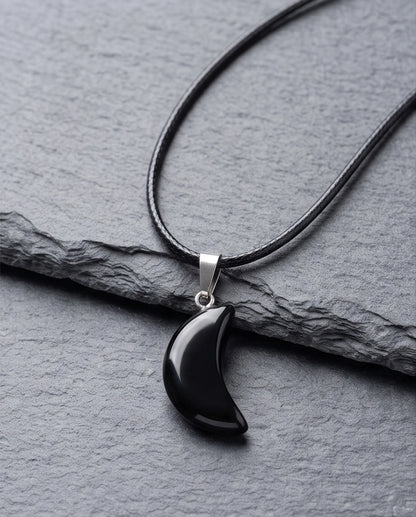 Silver Black Obsidian Crescent Moon Pendant Necklace