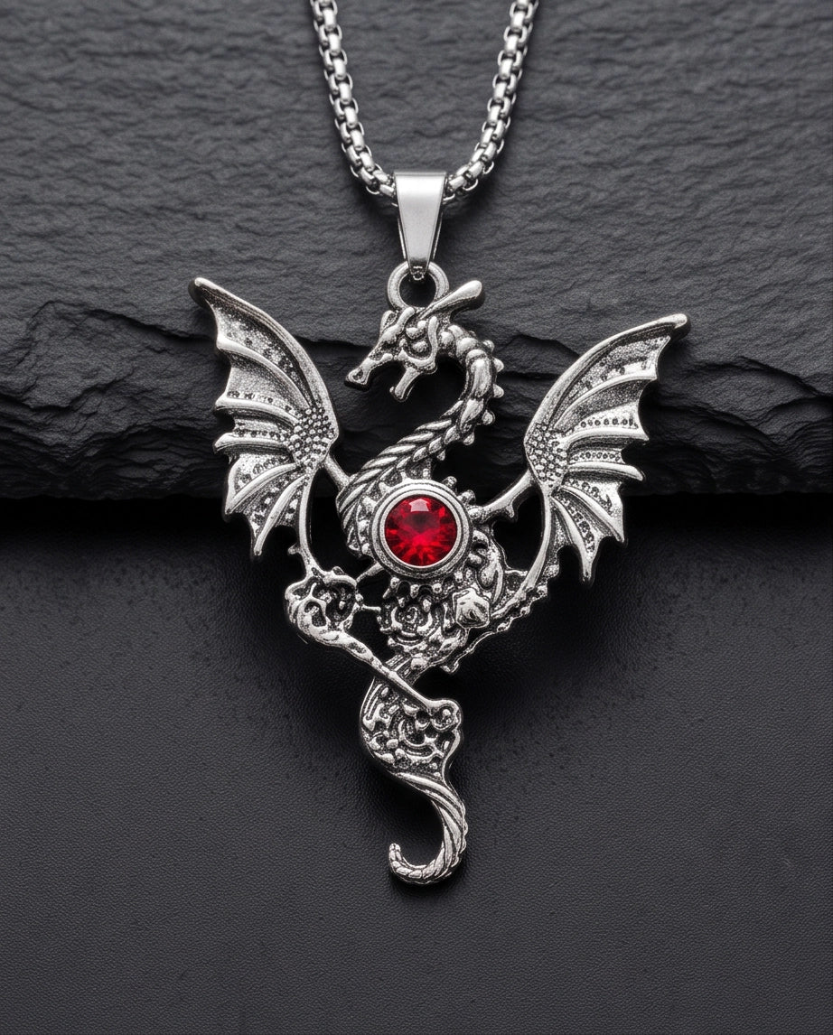 Silver Red Gemstone Dragon Pendant Necklace