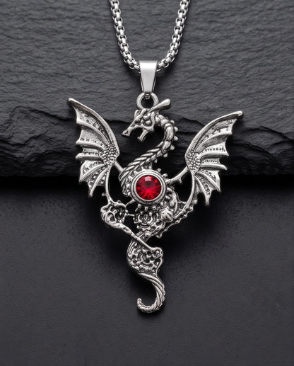Silver Red Gemstone Dragon Pendant Necklace