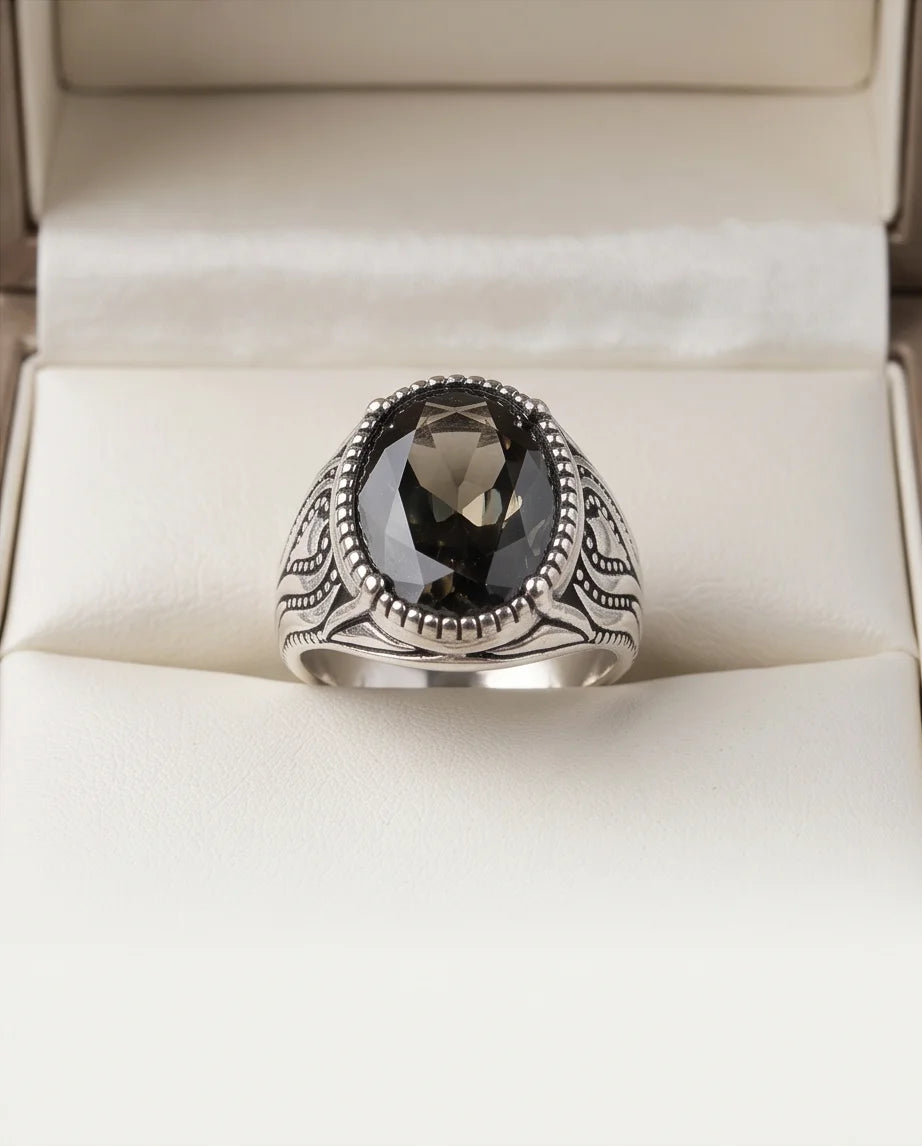 Obsidian Gemstone Beaded Frame Flame Silver Ring