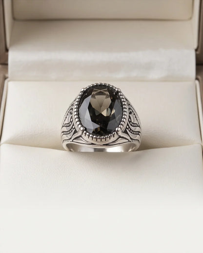 Obsidian Gemstone Beaded Frame Flame Silver Ring