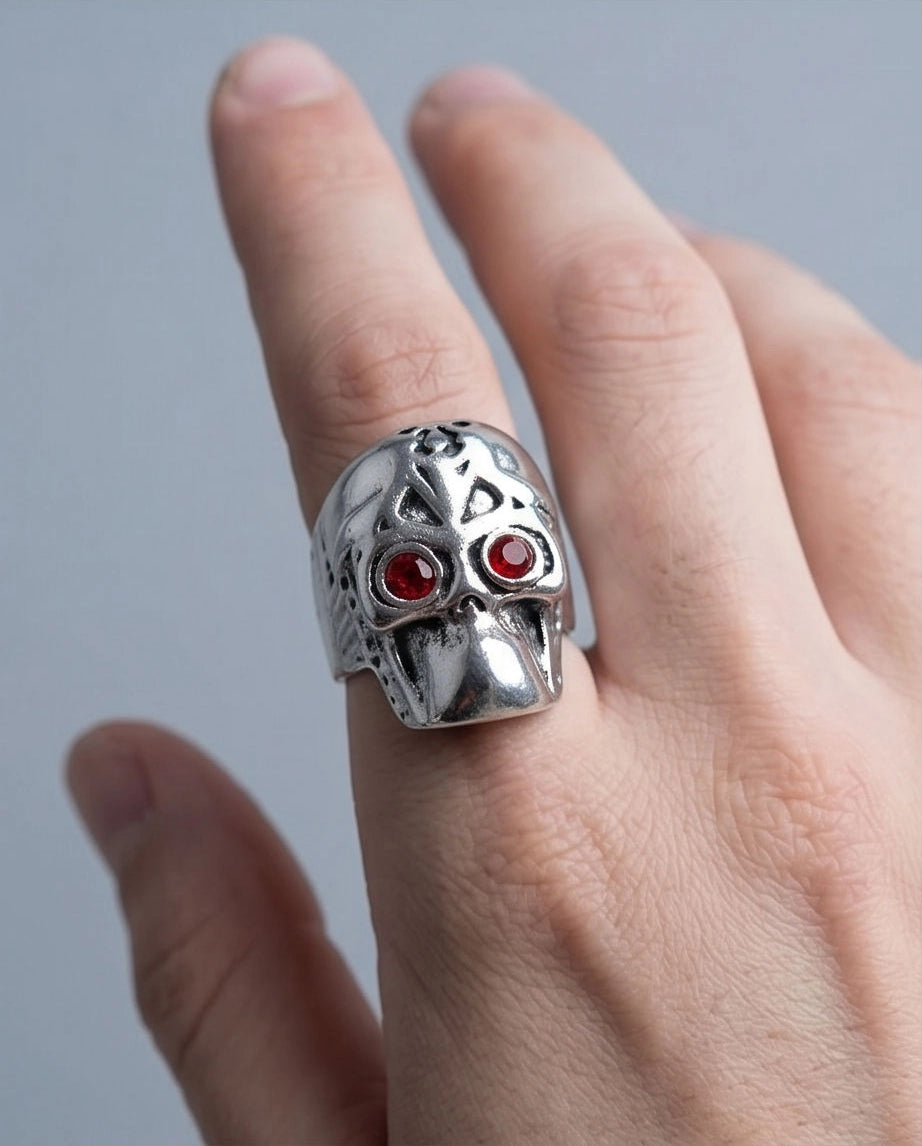 Ruby-Eyed Mechanical Mask Skull Ring