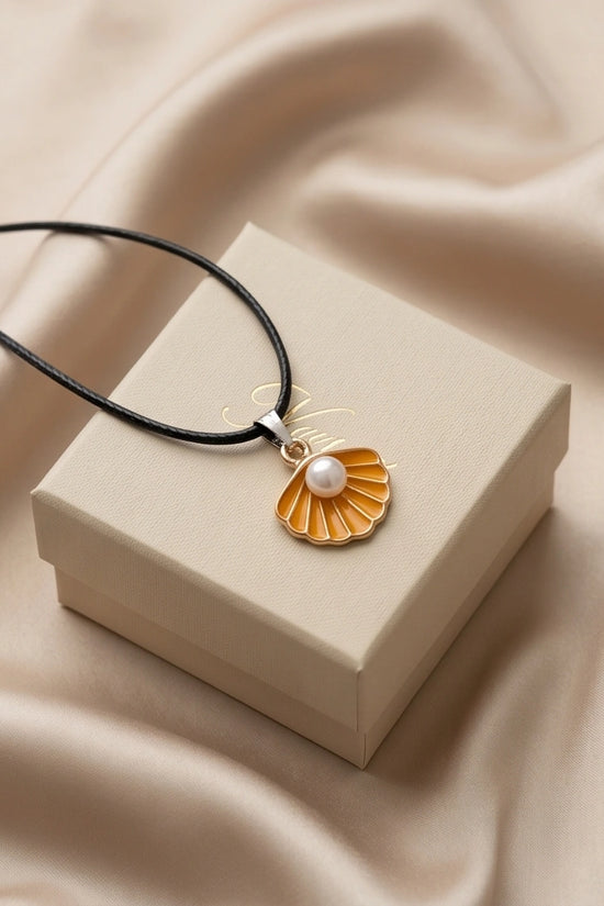 Golden Yellow Seashell Enamel Pendant Necklace with Faux Pearl