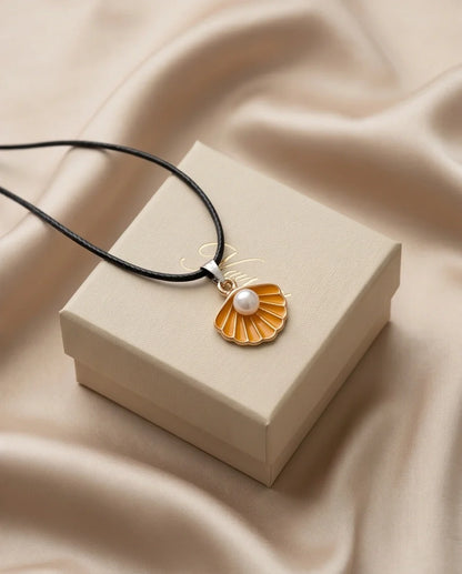 Golden Yellow Seashell Enamel Pendant Necklace with Faux Pearl
