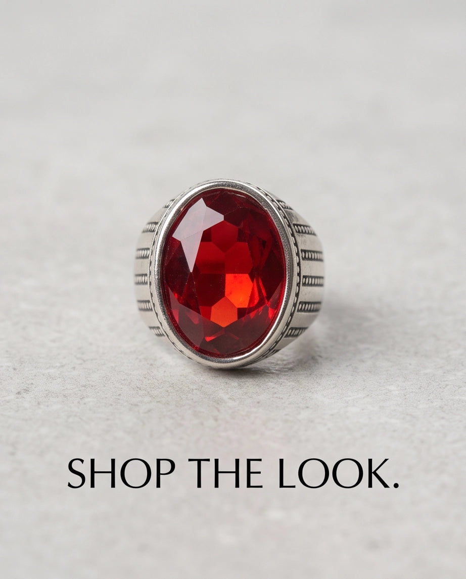 Ruby Gemstone Beaded Surround Vertical Ribbed Silver Ring