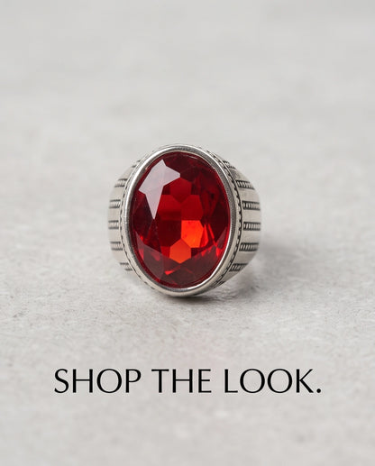 Ruby Gemstone Beaded Surround Vertical Ribbed Silver Ring