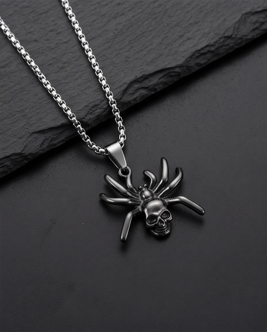 Black Spider Skull Motif Pendant Necklace