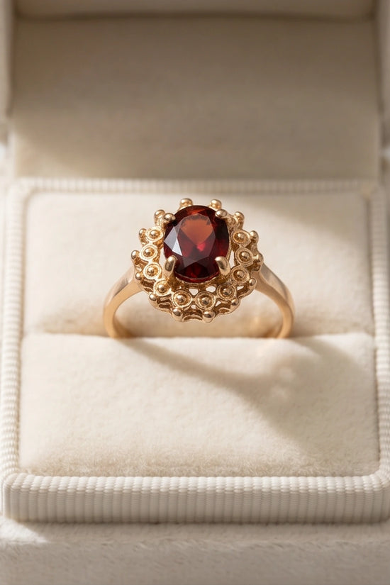 Vintage Gold Oval Garnet Victorian Halo Ring