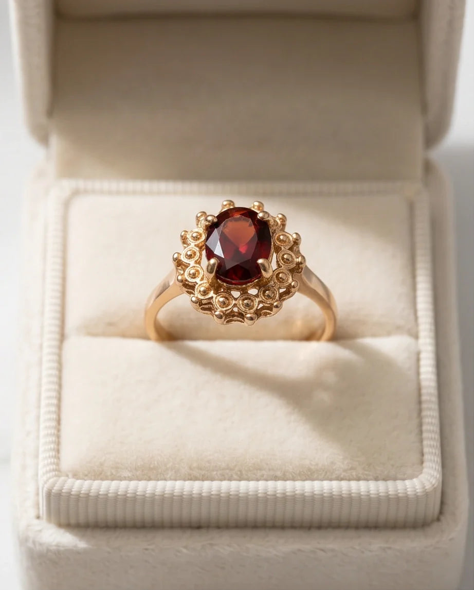 Vintage Gold Oval Garnet Victorian Halo Ring