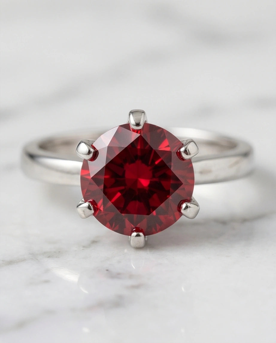 Sterling Silver Round-Cut Red Ruby Solitaire Ring