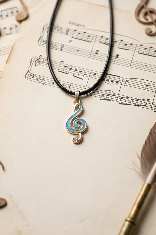 Gold Light Blue Treble Clef Music Necklace