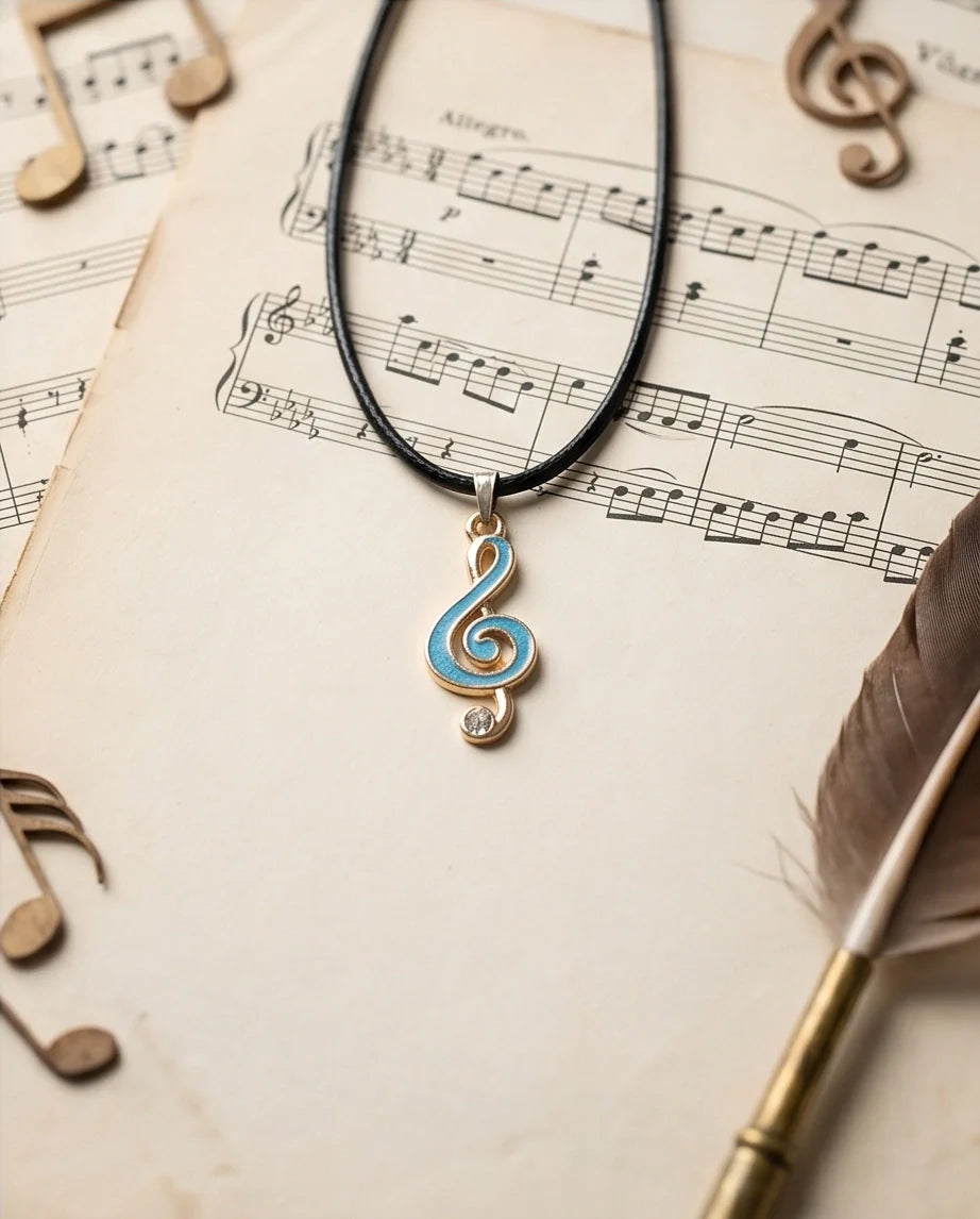Gold Light Blue Treble Clef Music Necklace