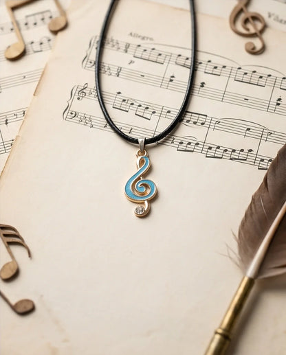 Gold Light Blue Treble Clef Music Necklace