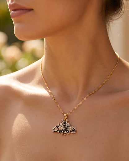 Gold Floral Moth Enamel Chain Necklace
