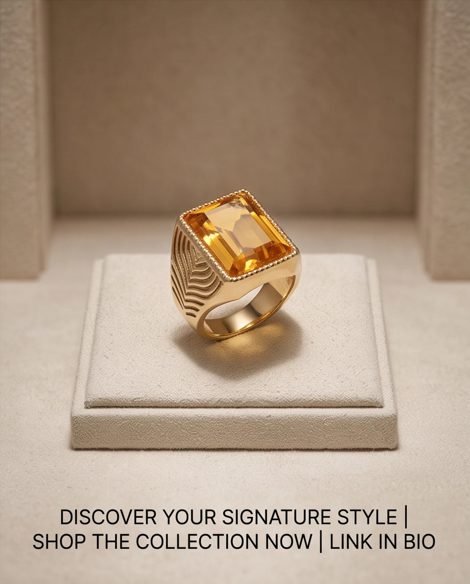 Citrine Emerald-Cut Beaded Signet Ring