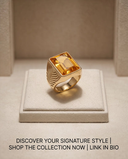 Citrine Emerald-Cut Beaded Signet Ring