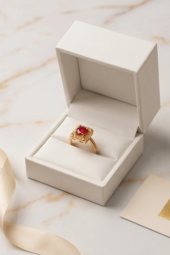 Vintage Gold Ruby Square Granulation Halo Ring