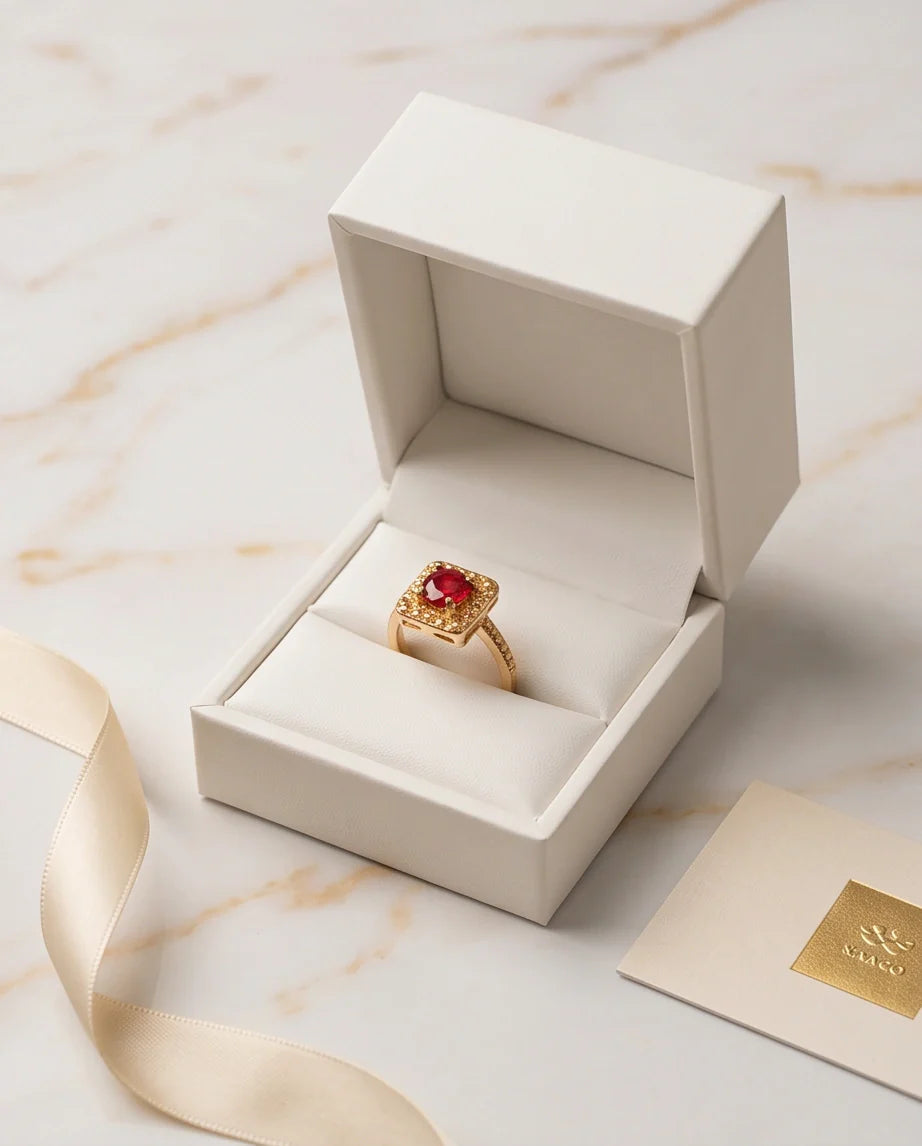 Vintage Gold Ruby Square Granulation Halo Ring