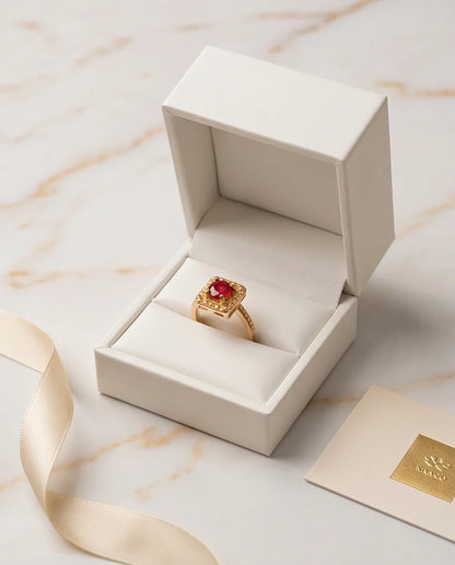 Vintage Gold Ruby Square Granulation Halo Ring