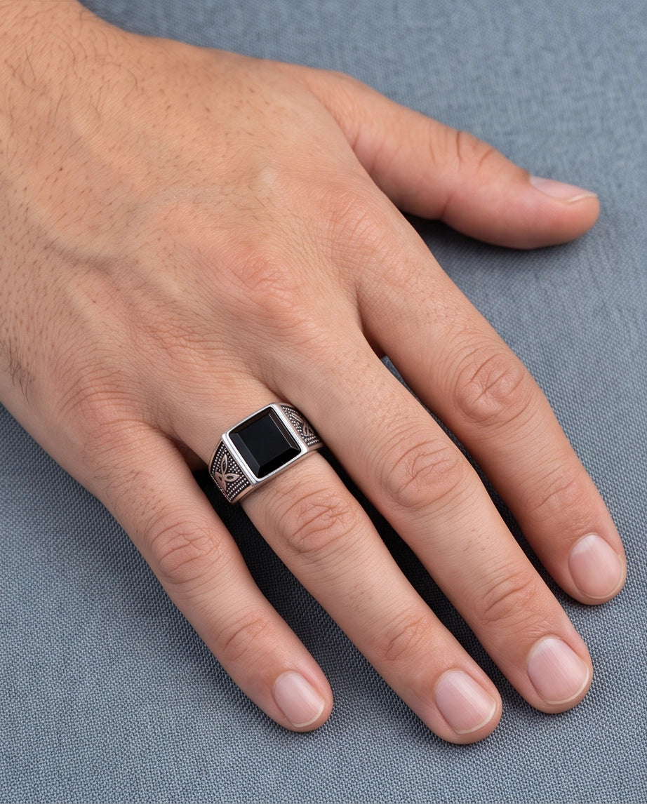 Pyramid Cut Onyx-Style Bunny Motif Stippled Silver Ring