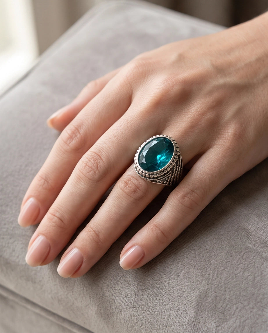 Aquamarine Gemstone Beaded Frame Wave Silver Ring